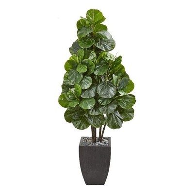Nearly Natural 63'' Fiddle Leaf Fig Artificial Tree in Black Planter in Green