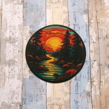 Outdoor Nature Patch Embroidered Iron-On Applique Mountain Badge, River, Sunset