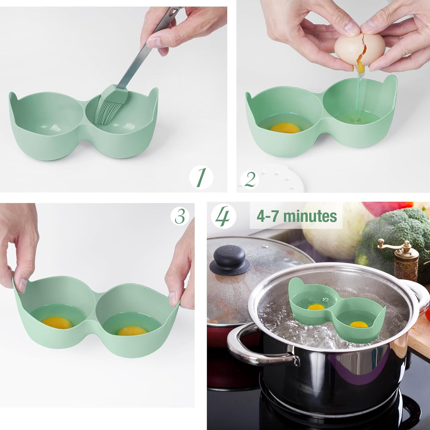 2-Cavity Silicone Microwave Egg Poacher Cooker with Lid & Handle - Dishwasher Sa