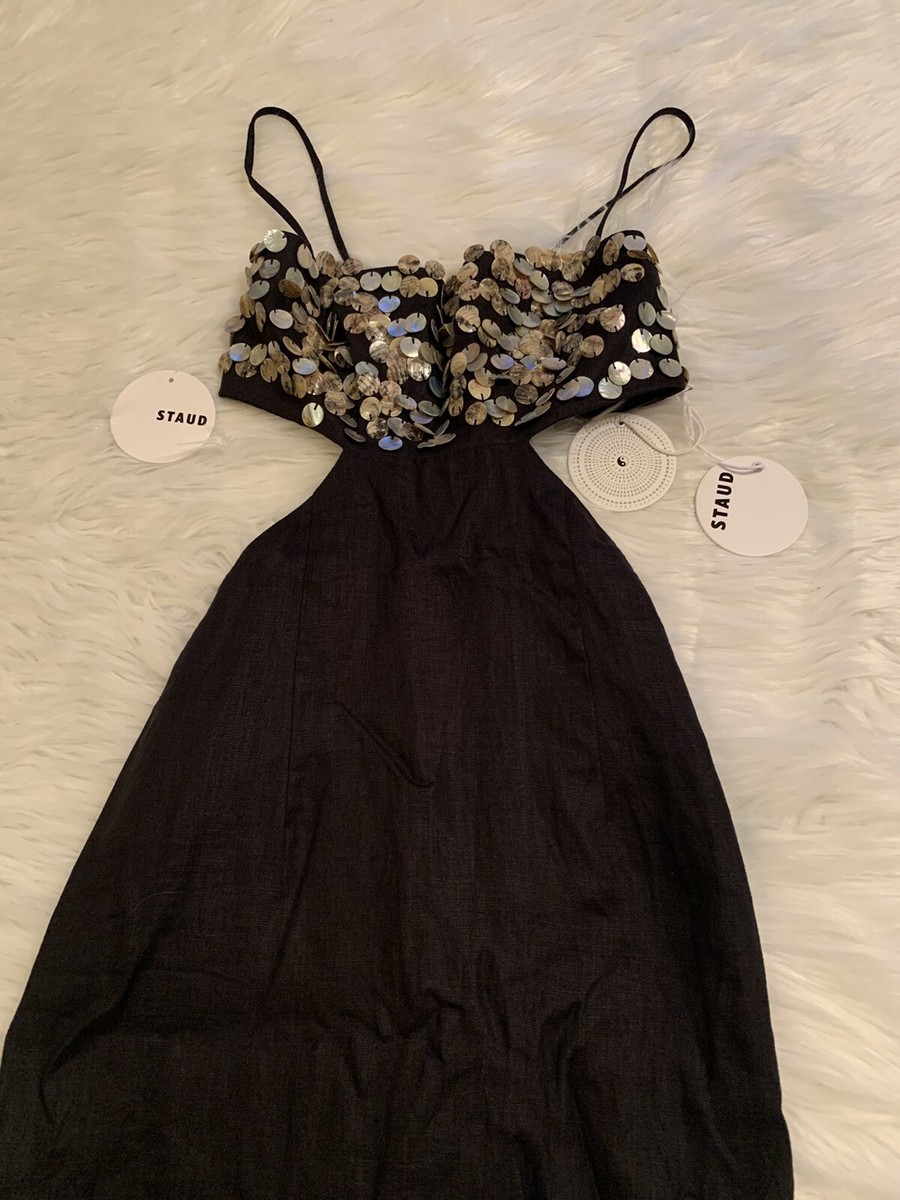 Staud New Jada Dress Cut Out Embellished Sequin Linen Black