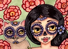 ACEO Original Painting Día de los Muertos Day of the Dead Big Eye Girl Cat Pet