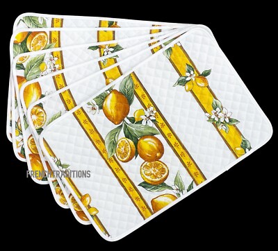 Set of 6 100% Quilted Cotton Placemats Provencal Lemons White- Made in France