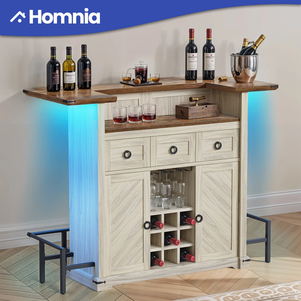 Home Mini Bar Table Stemware Rack Lights & Footrest 3 Drawer Wine Storage Shelf - Image 2 of 4