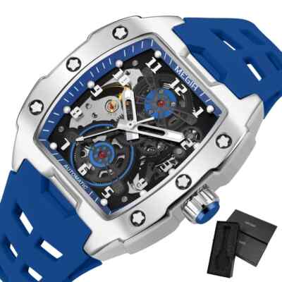 MEGIR Men's Automatic Tonneau Tourbillon Watch Waterproof Silicone Band 8602