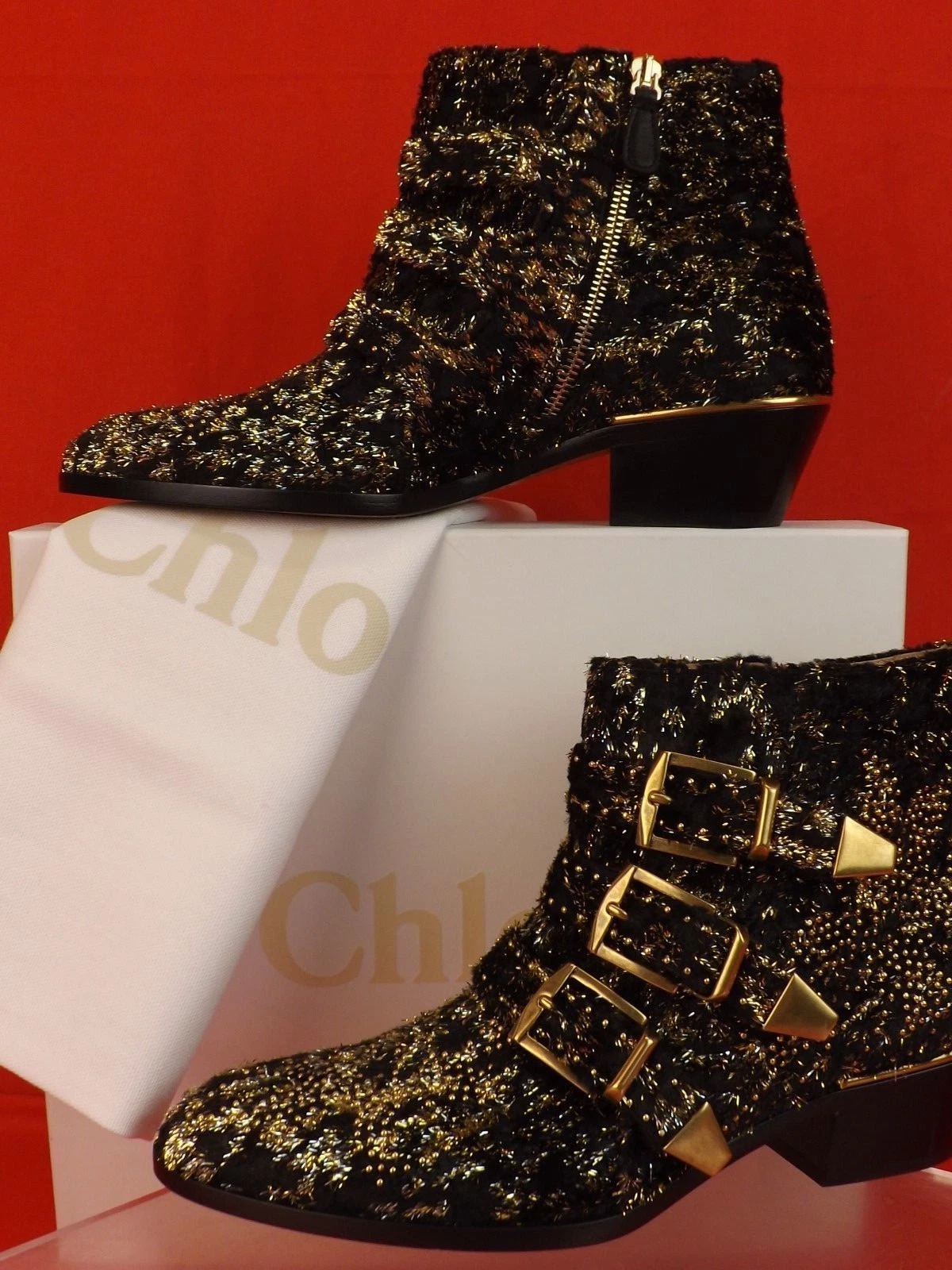 Chloe — NIB CHLOE SUSANNA BLACK VELVET GOLD STUDS BUCKLES MOTORCYCLE ANKLE BOOTS 39 9