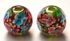 10pcs handmade Lampwork glass beads glass Pink Blue flower round on Green 14mm