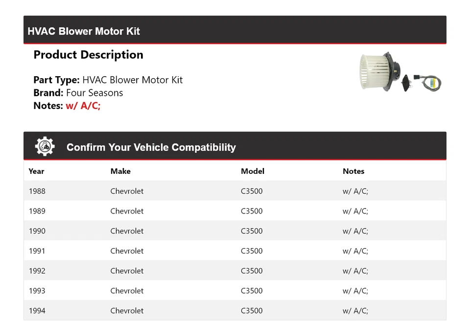 Kit de motor soplador de climatización para Chevrolet C3500 1988-1994 4 estaciones 1989 1990 1991 Foto 2 de 3