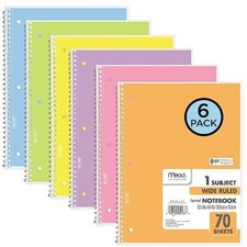 Spiral Notebooks, 6 Pack, 1-Subject, Wide Ruled Paper, 8" x 10-1/2", 70