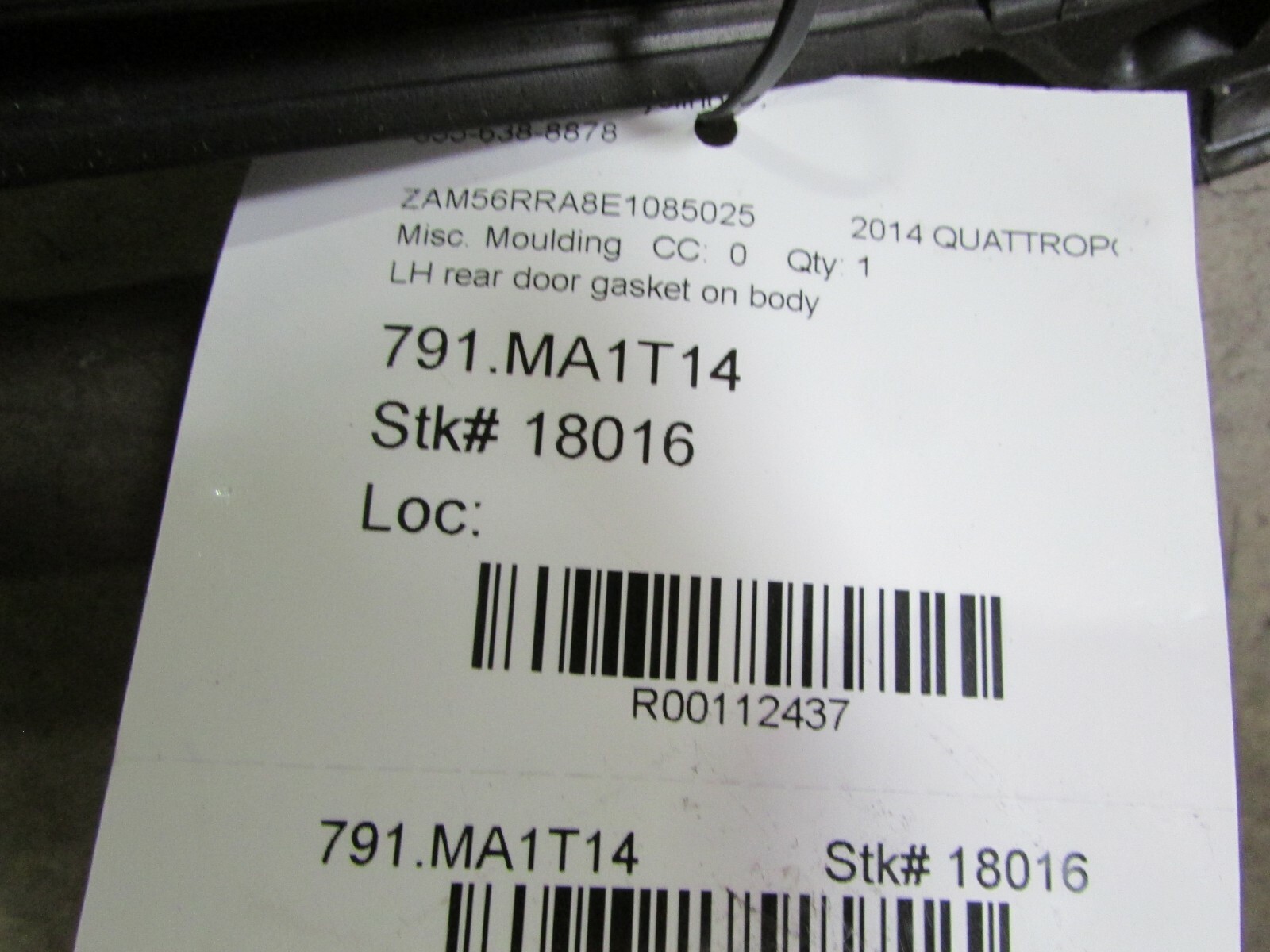 2014 Maserati Quattroporte, LH Left Rear Gasket on Body Used, P/N 670037609