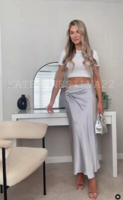 ZARA NEW WOMAN SS24 SILVER SATIN MIDI SKIRT WITH KNOT DETAIL ZARA NEW WOMAN SS24 SILVER SATIN MIDI SKIRT WITH KNOT DETAIL