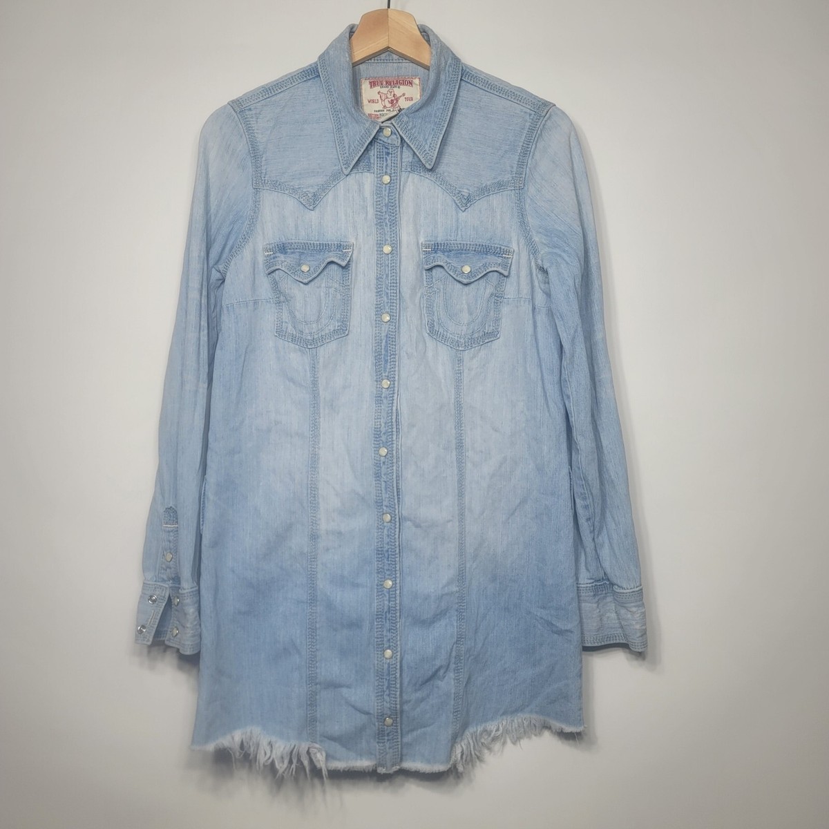 True Religion Rocky Denim Shirt Dress Medium Raw Hem Western Rocker Pearl  Snaps | eBay