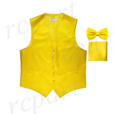 New Men's Tuxedo Vest Bowtie Hankie set prom formal wedding party Yellow