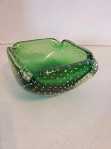Vintage Murano Bullicante Green Blown Glass Controlled Bubble Ashtray Italy