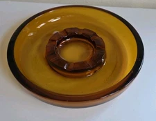 VTG Ashtray 10.25" Amber Colored Heavy Glass 8 Slot Cigar Smoking Retro