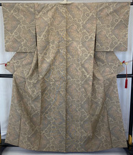 Japanese Vintage Kimono Silk Beige Tumugi Traditional Authentic Length 62 in
