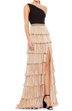 Ieena Mac Duggal 26541 One-Shoulder Ruffle Tiered Gown SZ 8 Black Gold