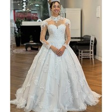 High-Neck Wedding Dresses Beading Ball Gown Full Sleeve Bridal Gowns Back Zipper