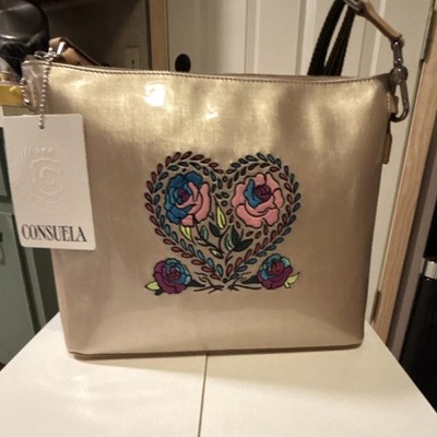 Consuela Gold Floral Embroidered Shoulder Bag w/ Adjustable Multicolor Strap