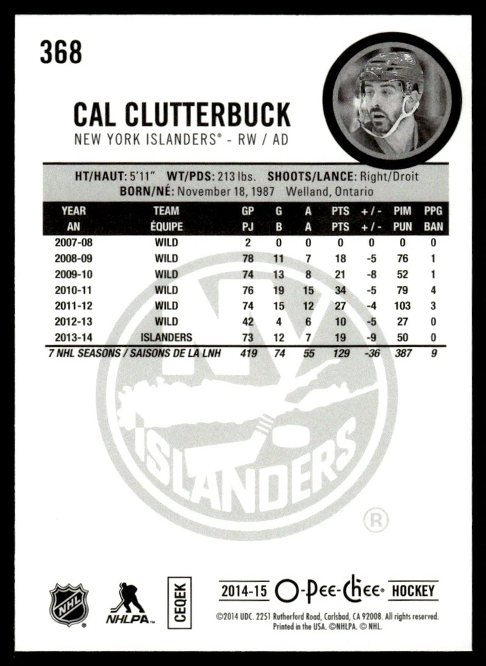 2014-15 O-Pee-Chee Rainbow Cal Clutterbuck New York Islanders #368 - Image 2 of 2