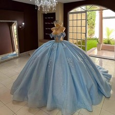 Off Shoulder Ball Gown Quinceanera Dresses Crystal Lace Appliques Tull Birthday