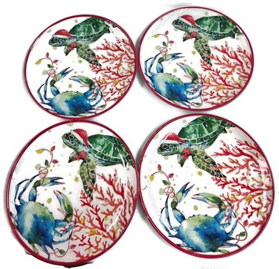 4x Christmas Hat Turtle Crab Dinner Plates Melamine Coastal Nautical Bella Lux
