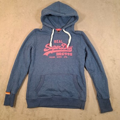 Superdry Hoodie Damen Large Blau Pink Logo Grafik Pullover Freizeit Sweatshirt