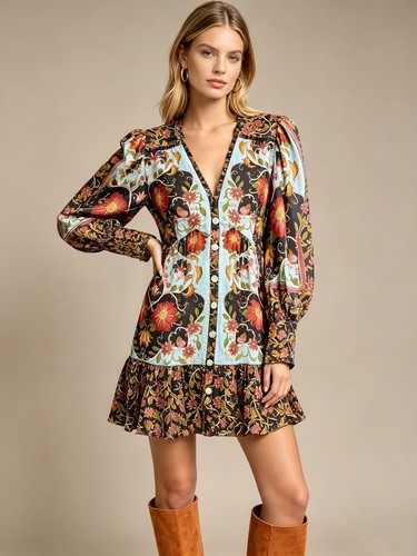 NWOT Farm Rio Floral Swans V-Neck Long Sleeves Mini Dress Size M