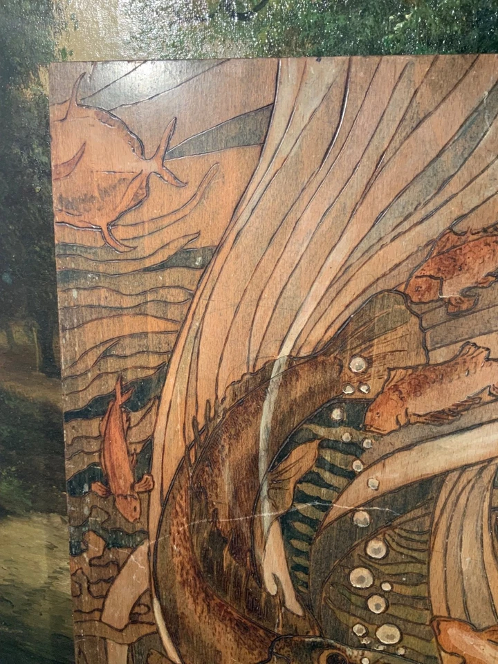 Ancienne gravure sur bois, pyrogravure art nouveau, mérou fonds marin 42 x 30 cm - Photo 4/4
