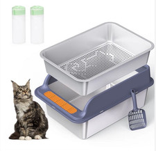 Stainless Steel Cat Litter Box XL w/ Lid Sifting System Pine Pellets Liners
