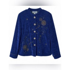 Alex Kim Blue Embroidered Floral Jacket XL Artsy Boho Button Front Coat Vintage