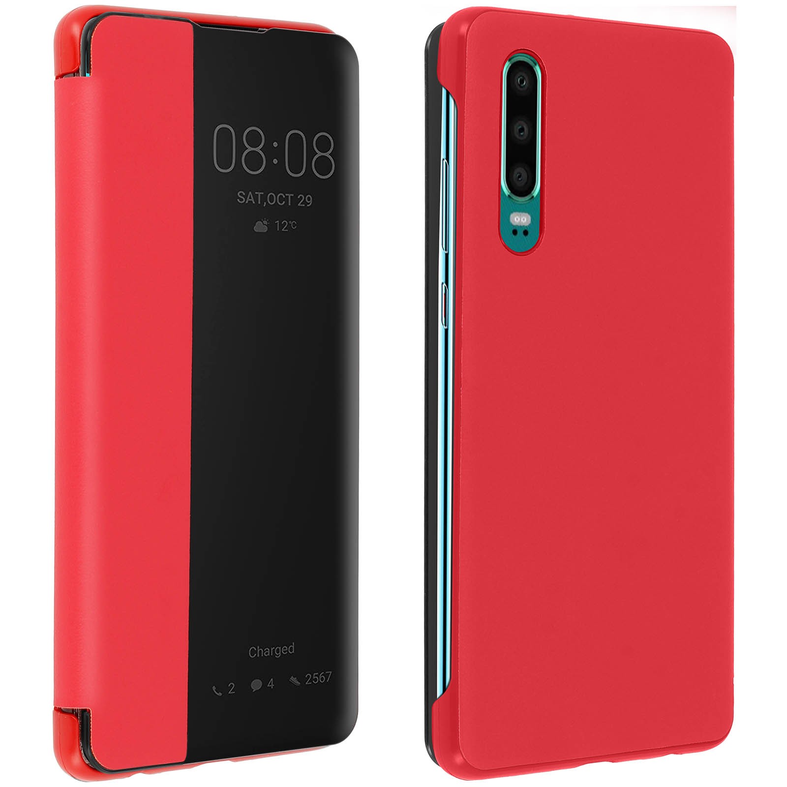 Coque folio pour Huawei P30 rouge à clapet avec fente pour carte et support