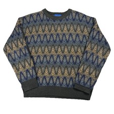 Vintage 90s Towncraft blue  green patterned knit sweater Size M