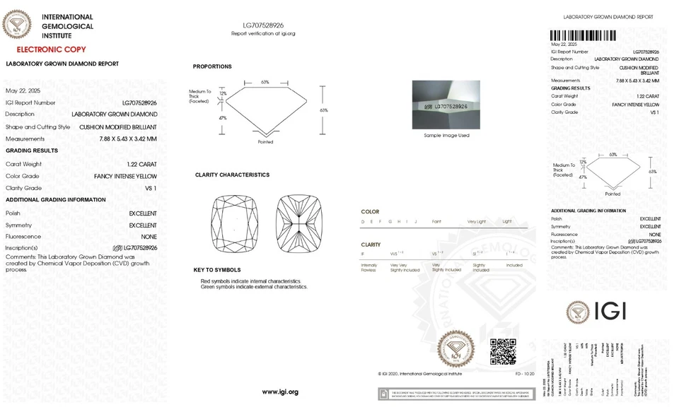 Cushion 1.22ct Fancy Intense  Yellow VS1 CVD IGI Loose Lab Grown Diamond - Image 2 of 3