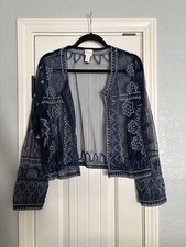 Chico's Bolero Jacket Womens Size 2 Large Navy Blue Sheer Mesh Embroidered Boho