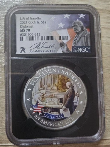 Cook Islands - 2021- $2 Benjamin Franklin Diplomat - NGC MS 70 .5 oz Silver Coin