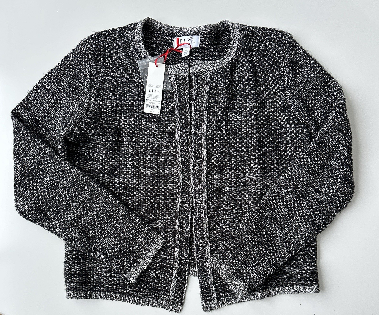 NWT Elle Black White Tweed Look Open Front Cardigan Work Sweater Women’s Medium