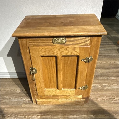 White Clad Wooden Ice Box Single Door Brown Freestanding Cabinet External Handle