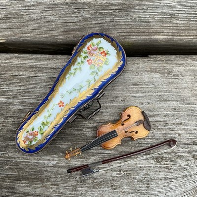Limoges Peint Main Porzellan Schmuckschatulle - Miniatur Holzgeige & Koffer