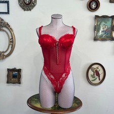 Vintage Red Lace Mesh Teddy Bodysuit Lingerie High Cut Thong Large USA Made