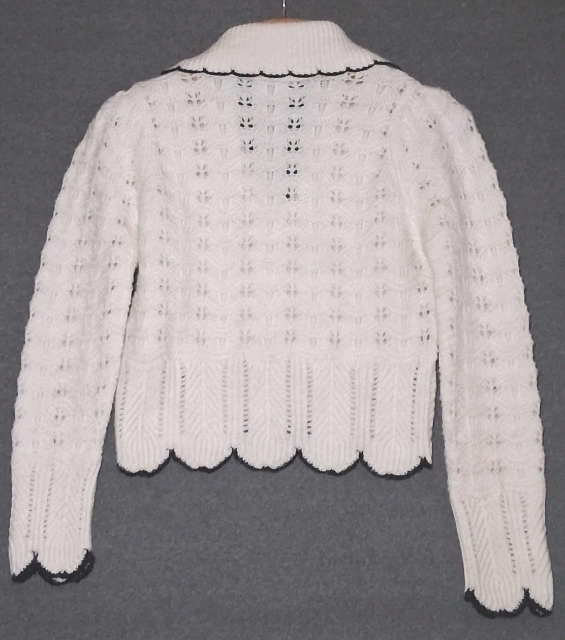 MANGO Women's Natural Scallop Trim Collar Cardigan Size Small Ivory MNG Preppy thumbnail 6