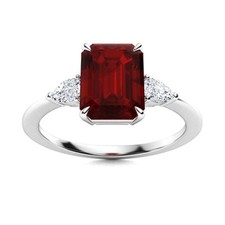 Emerald Cut 8x6 MM Natural Red Garnet 925 Sterling Silver Three Stone Women Ring