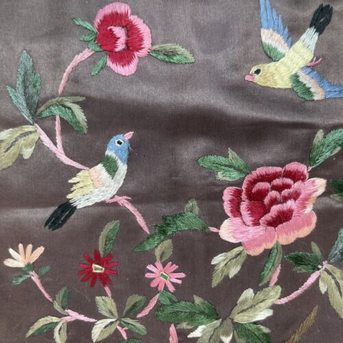 Vintage Chinese Silk Embroidery Pillow Floral & Birds Greens - Picture 2 of 6