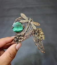 Round Malachite Gemstone Bracelet Cuff Wire Wrapped Bangle Gift for woman