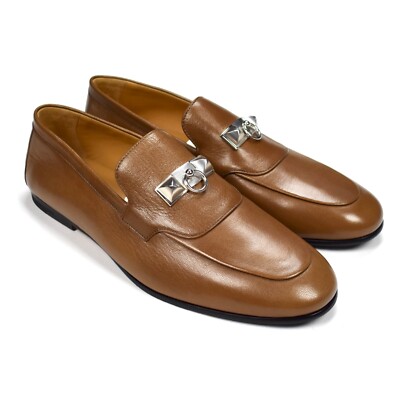 NEW $1250 Hermes Natural Safari Brown Leather Blaise Loafers Men's