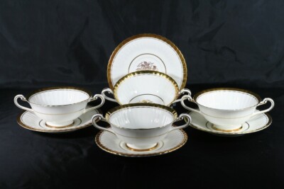 PARAGON GOLD GILT WHITE CREAM SOUP & SAUCER SETS THISTLE & FLORAL-ENG.-4 SETS