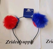 Celebrate Metal Covered Patriotic Headband With Pom Pom Cat Ears Red White Blue