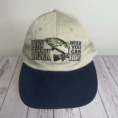 Why Work When You Can Fish Embroidered Adjustable Baseball Hat Cap Tan Blue