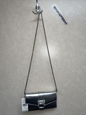 MICHAEL KORS PENELOPE Silver METALLIC FAUX LEATHER CLUTCH $258