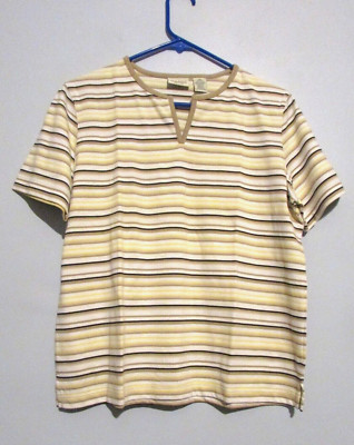 New Classic Elements Womens Beige Striped Shirt Size Petite Medium NWOT