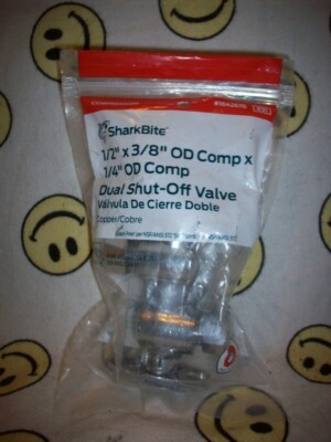Sharkbite RWC, Dual Shut-Off Valve 1/2'' x 3/8'' OD Comp X 1/4'' OD Comp, NEW NIP
